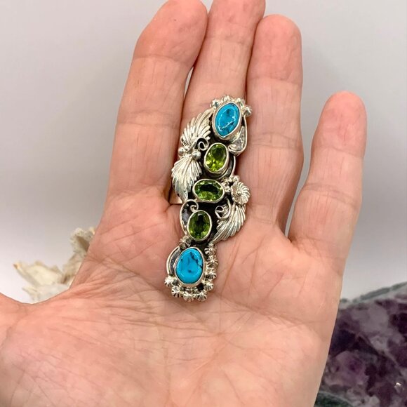 Big Peridot Turquoise Sterling Silver Elongated Handmade Navajo Ring Sz 9 J878 - Picture 7 of 12